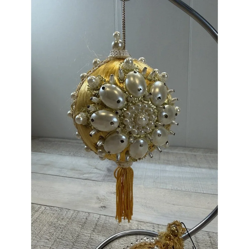 Set 2 Vintage Gold Satin Christmas Ornaments Faux Pearl Beaded Tassel Victorian